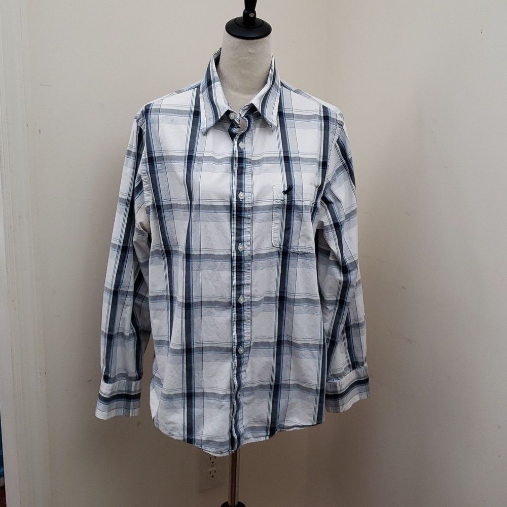 Urban Up Pipeline Men's Plaid (Blue, Gray, White) Button Down Shirt, Size Large